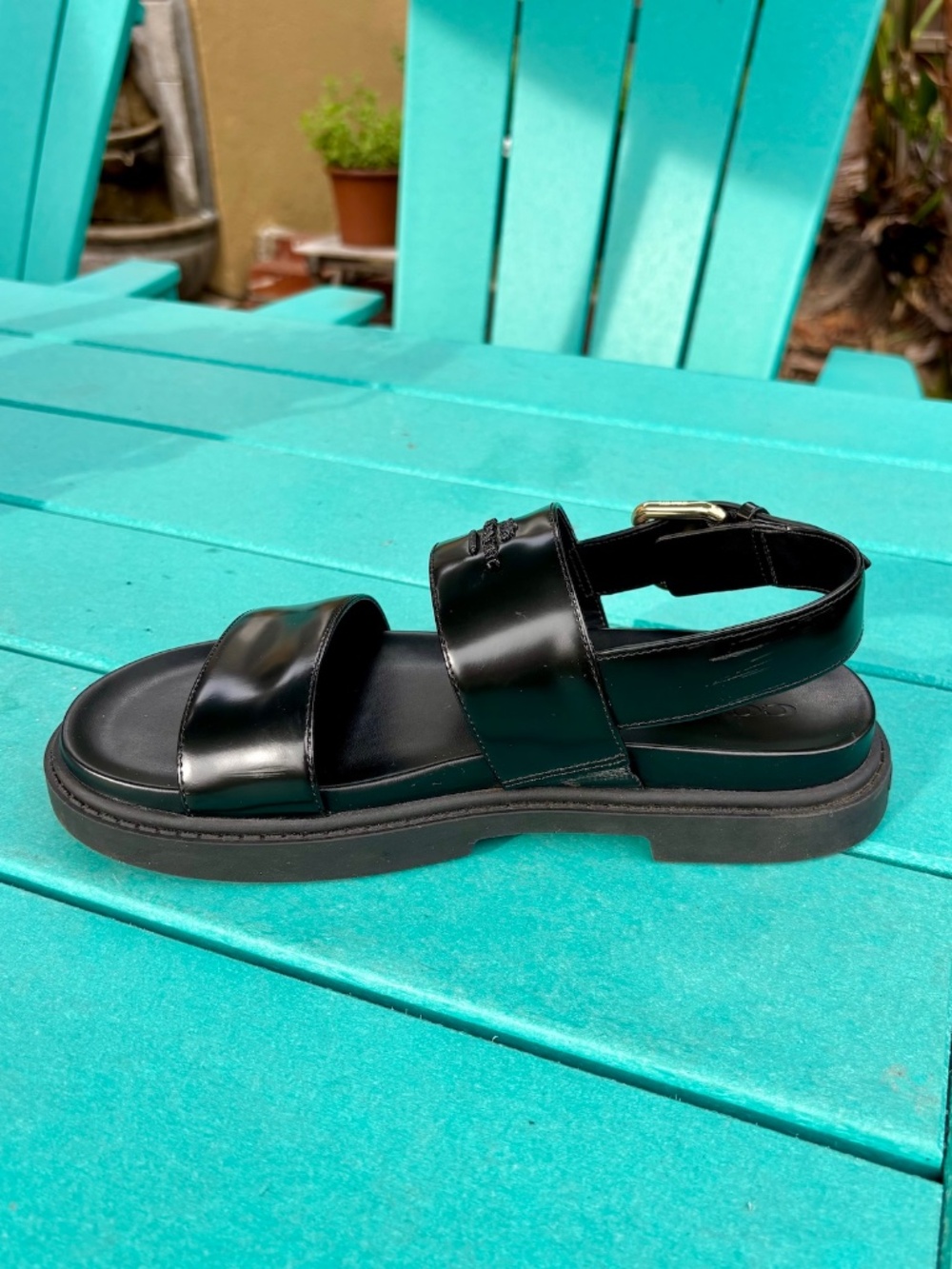 COACH Lockup Two Band Sandals Black Leather Gold-Tone Buckle Size 7 - Picture 6 of 10